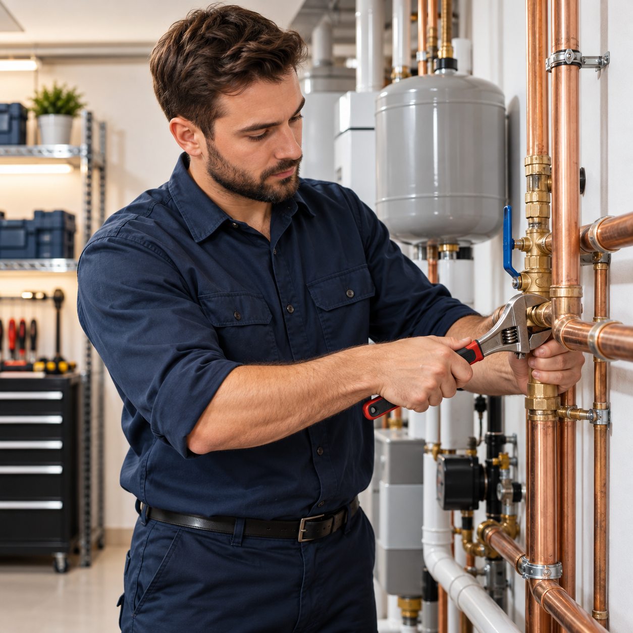 ExcelPlumbing technician repairing copper plumbing pipework